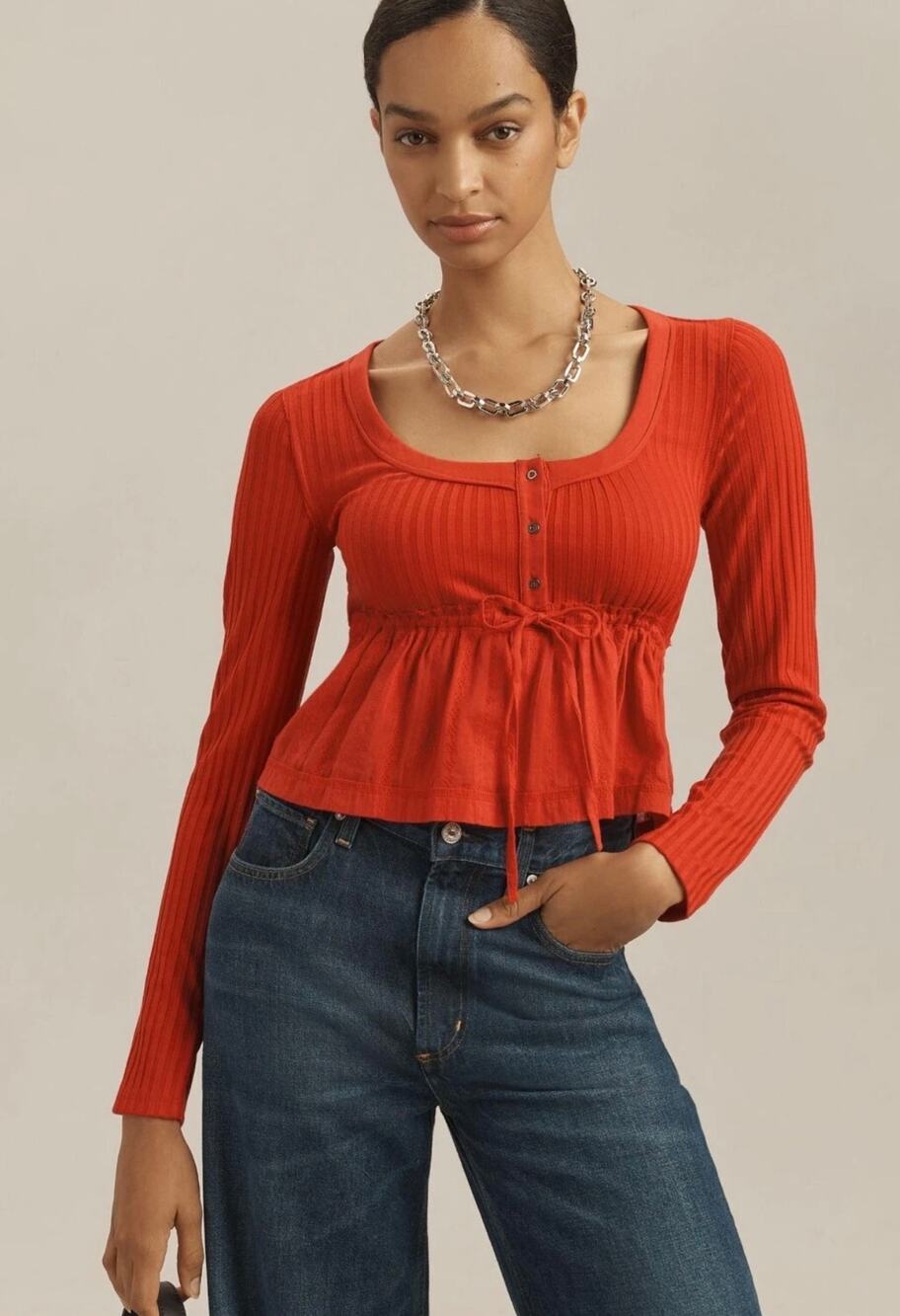 Pilcro Red Long Sleeve Peplum Scoopneck Babydoll Top-Size XL
